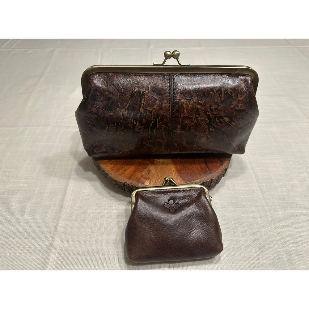Patricia Nash Brown Leather Frame Clutch and Horse Coin Purse Set Kiss Lock